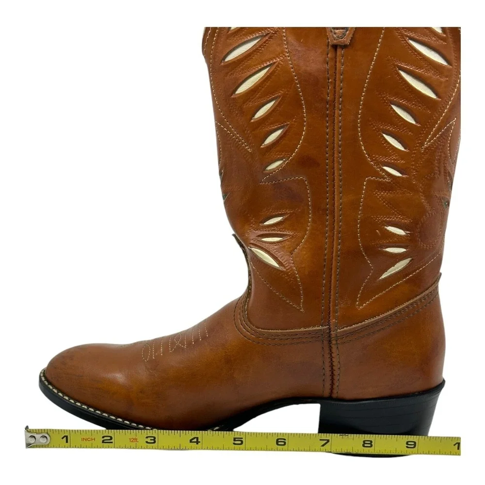 Acme Cowpuncher Western Boots Womens 5D Tan Leather Good Contrast Stitching VTG.